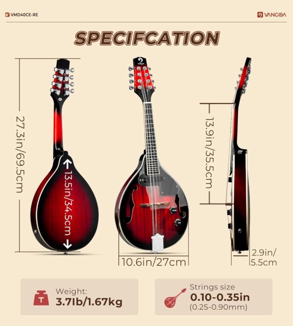 Vangoa Mandolin Musical Instrument A Style Acoustic Electric Mandolin Instrument, 8 Strings Mahogany Mandolin for Beginner Adults Teens, Cherry Red - For Sale - Price - Image 8