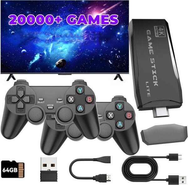 Wireless Retro Gaming Console Stick,Plug and Play TV Video Games Stick Built-in Retro Drive 20000+ Games,4K HDMI Output,Dual 2.4G Wireless Controllers (64GB) - For Sale - Price