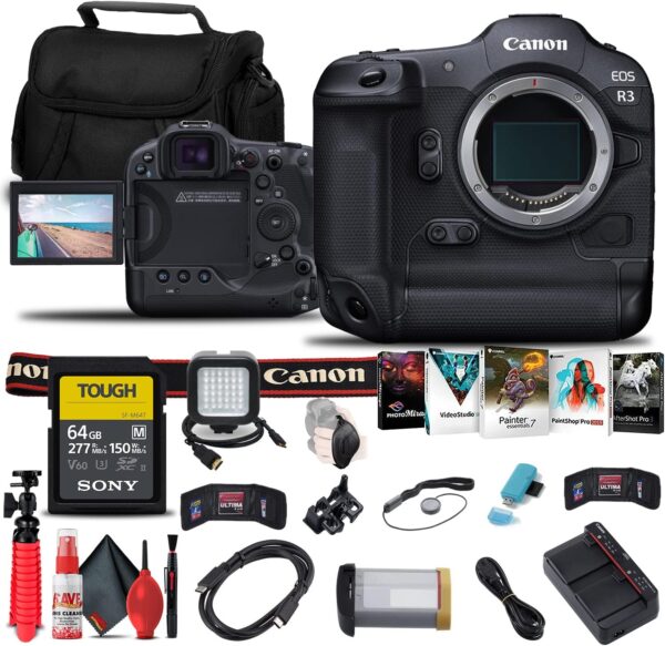 Canon EOS R3 Mirrorless Camera (4895C002) + Sony 64GB Tough SD Card + Card Reader + LED Light + Corel Photo Software + HDMI Cable + Case + Flex Tripod + Hand Strap + Cap Keeper + More (Renewed) - For Sale - Price