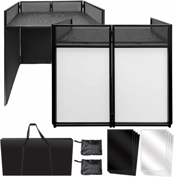 AxcessAbles Portable DJ Facade Booth with Black and White Lighting Scrims, Carry Cases | Standing DJ Table - 40" x 20" | DJ Controller Stand | Recording Mixer Stand| DJ Booth (ES-01) - For Sale - Price