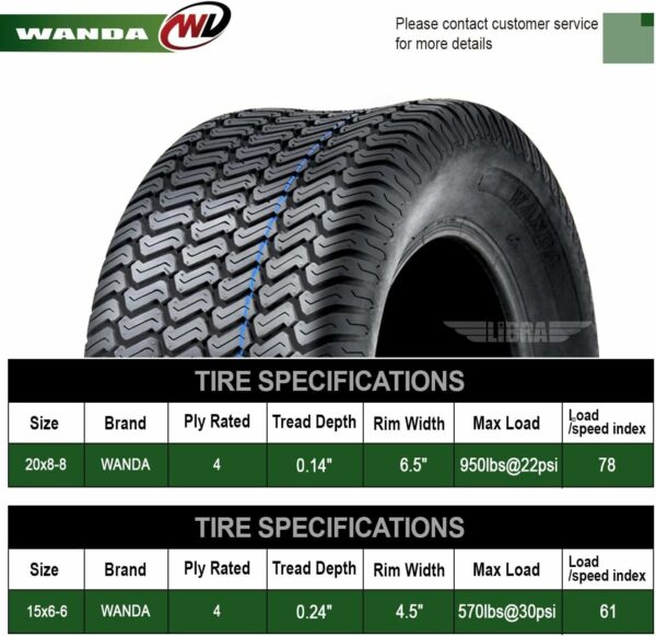 WANDA (Set 4) 15X6-6 & 20X8-8 Lawn Mower Tractor Cart Turf Tires 4 Ply-13016/13035 - For Sale - Price - Image 3