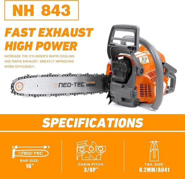 NEOTEC 43cc Gas Chainsaw NH843 with 16 Inch Guide Bar and Chain, Power Chain Saw 2.95HP 2,2KW 16" Gasoline Chainsaws for Trees and Firewood Cutting - For Sale - Price - Image 2