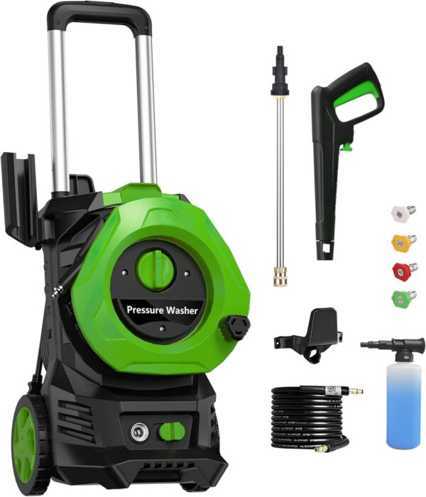 Electric Pressure Washer 1900 Max 1.6 GPM Pressure Washer Power Washer with Hose Reel Power Washer 4 Quick Connect Nozzles Car Wash Machine/Car/Patio/Pool Clean, Price For Sale