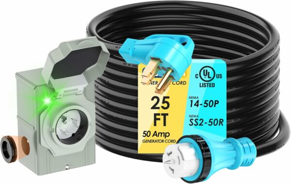 50 Amp 25FT Generator Cord and Power Inlet Box Combo Kit, UL Listed, NEMA 14-50P Male to SS2-50R STW 6/3+8/1 AWG 125/250V Twist Locking with Inlet Box for Generator to House For Sale - Price