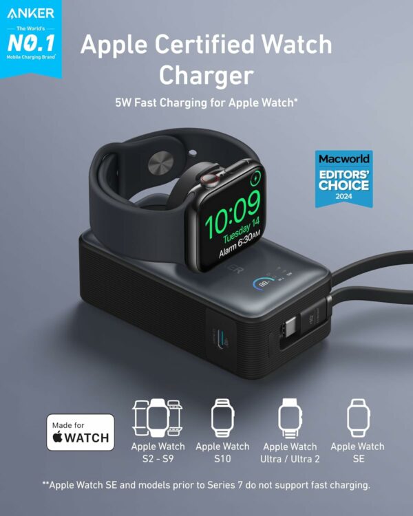 Anker MagGo Power Bank for Apple Watch, Officially Certified, 10,000 mAh Compact Battery Pack with Built-in USB-C Cable, 35 W Max, for iPhone 15 Series, Samsung, iPad, AirPods and More - For Sale - Price - Image 2