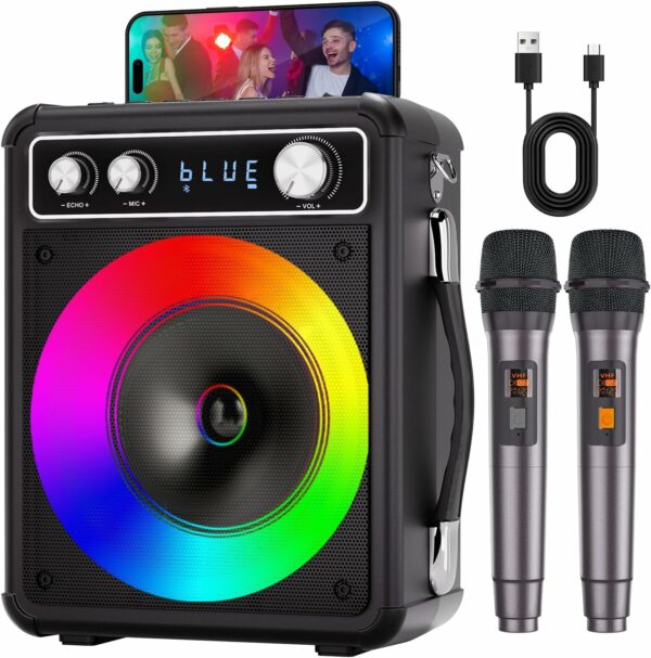 Karaoke Machine, Portable Bluetooth Karaoke Speaker with 2 Wireless Microphones, PA System for Adults Kids with LED Lights, Supports REC/FM/AUX/USB/TF for Home Party - For Sale - Price