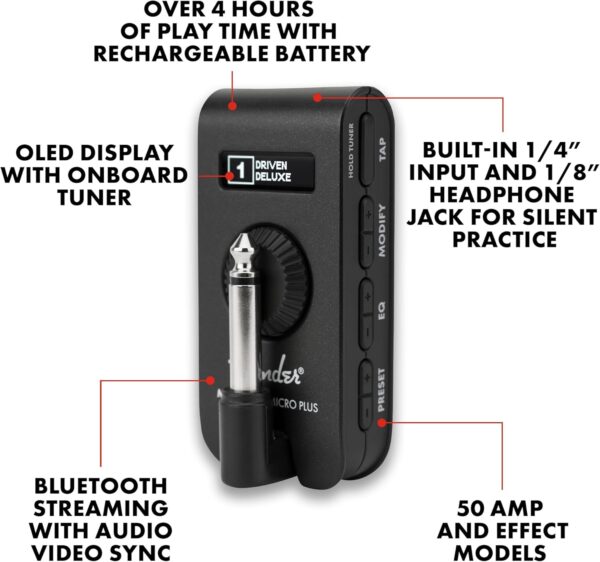 Fender Mustang Micro Plus Headphone Amplifier with Rechargeable Battery, Bluetooth Audio Streaming and 50 Amp and Effects Models, with 2-Year Warranty - For Sale - Price - Image 2