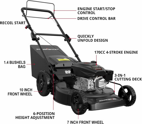 PowerSmart Self Propelled Gas Lawn Mower, 22 in. 170cc OHV Engine 3-in-1 Rear Wheel Drive, High Wheels, 6-Position Height Adjustment, Black - For Sale - Price - Image 9