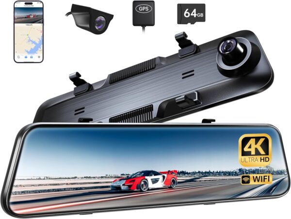 P12 Plus 4K WiFi Rear View Mirror Camera, 12" Mirror Dash Cam Front and Rear with ADAS and BSD, Backup Camera for Car, GPS, 64GB Card Included, WDR Night Vision, Voice Control - For Sale - Price