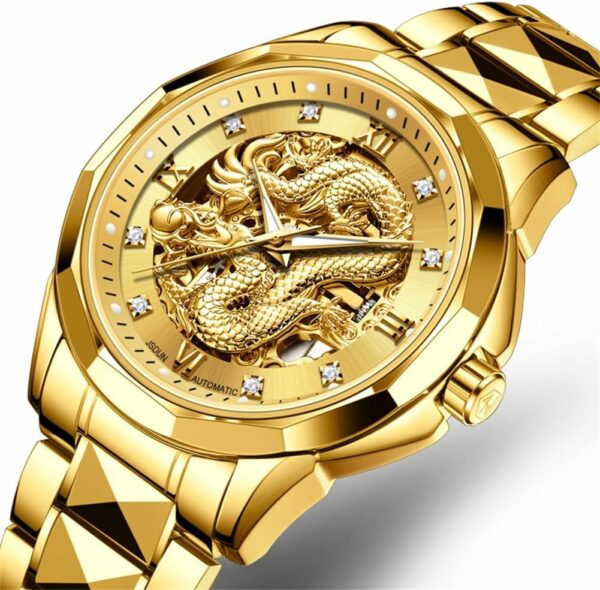 OLEVS Watches for Men Gold Automatic Watches Mens Dragon Skeleton Mechanical Luxury Watch Business Dress with Tungsten Steel Luminous 160FT Waterproof Diamond Fashion Wrist Watch Gold - For Sale - Price - Image 2