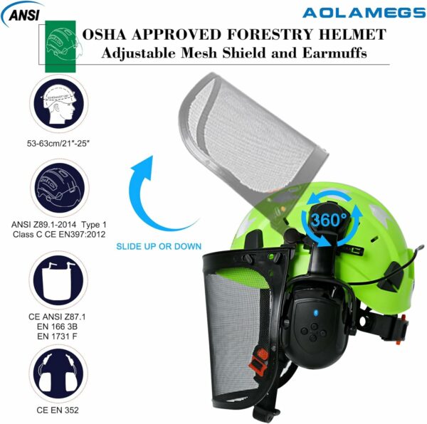 Chainsaw Helmet with Face Shield and Ear Muffs-Green Forestry Helmet with Bluetooth Hearing Protection and Full Face Mask,Arborist Helmet with Ear Protection for Mowing Grinding and Cutting Logging - For Sale - Price - Image 2