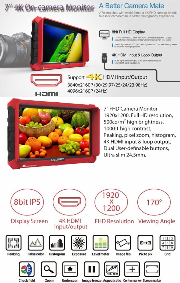 Lilliput A7S 7-inch 1920x1200 IPS Screen Camera Field Monitor 4K HDMI Input Output Video for DSLR Mirrorless Camera Sony A7S II A6500 Panasonic GH5 Canon 5D Mark IV DJI Ronin M - For Sale - Price