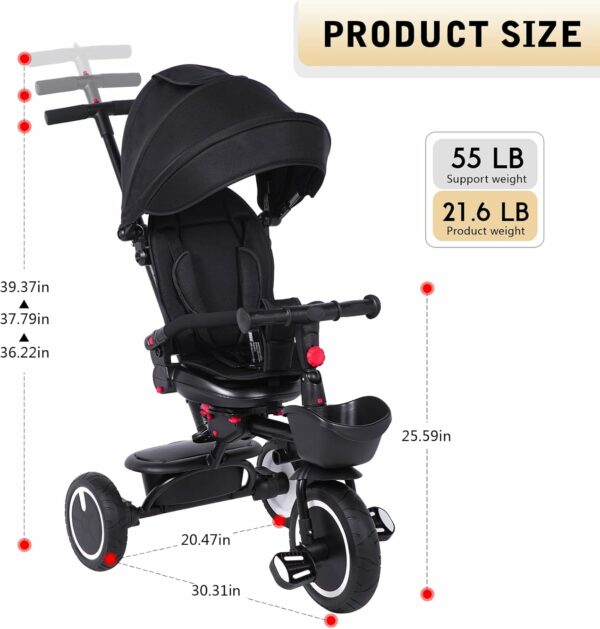 8 In 1 Tricycle for Toddlers 7 Months to 5 Years, Folding Baby Tricycle with Push Handle, Kids Push Trike with Safety Belt, Handrails, Removable Canopy, Storage, Stroller Bike Gift for Toddlers, Black - For Sale - Price - Image 2