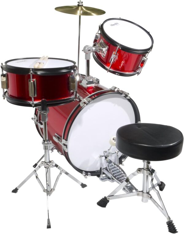 Mendini By Cecilio Drum Set – 3-Piece Kids Drum Set (16"), Includes Bass Drum, Tom, Snare, Drum Throne - Musical Instruments for Age 6-12, Red Drum Kit - For Sale - Price - Image 2