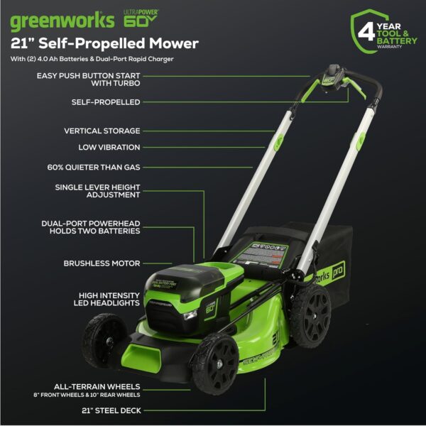 Greenworks 60V 21” Cordless (Self-Propelled) Lawn Mower (LED Lights + Aluminum Handles), 2 x 4.0Ah Batteries and Dual Port Rapid Charger - For Sale - Price - Image 2