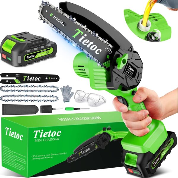 Tietoc Chainsaw 6 Inch Mini Electric Chainsaw Cordless Battery Powered, Hand Held Saw for Wood/Trees Trimming, Tools for Household and Garden, Chain Saw Gift for Men Dad Husband Fathers Gardener 2025