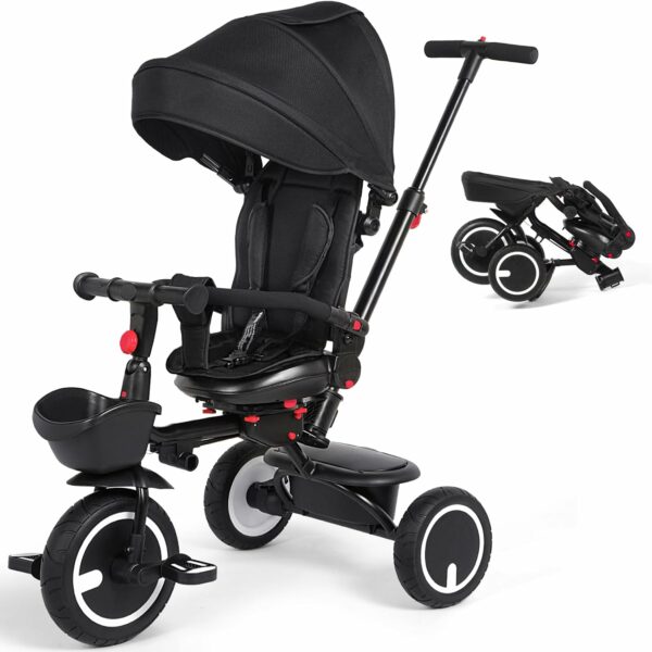 8 In 1 Tricycle for Toddlers 7 Months to 5 Years, Folding Baby Tricycle with Push Handle, Kids Push Trike with Safety Belt, Handrails, Removable Canopy, Storage, Stroller Bike Gift for Toddlers, Black - For Sale - Price