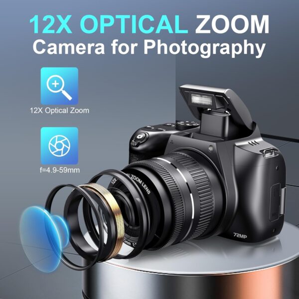 Cameras for Photography, 12X Optical Zoom 4K Digital Camera with WiFi & App Control, 72MP Vlogging Camera with 180° Flip Screen, Auto Focus, Dual Batteries, 59mm Wide Angle & Macro Lens, 32GB SD Card - For Sale - Price - Image 2