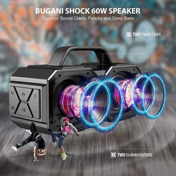 BUGANI Bluetooth Speaker, Shock Portable Bluetooth Speaker, Bluetooth 5.3, Waterproof, Wireless Speakers, 60W Super Power, Outdoor Speaker, Black(New Model) - For Sale - Price - Image 3