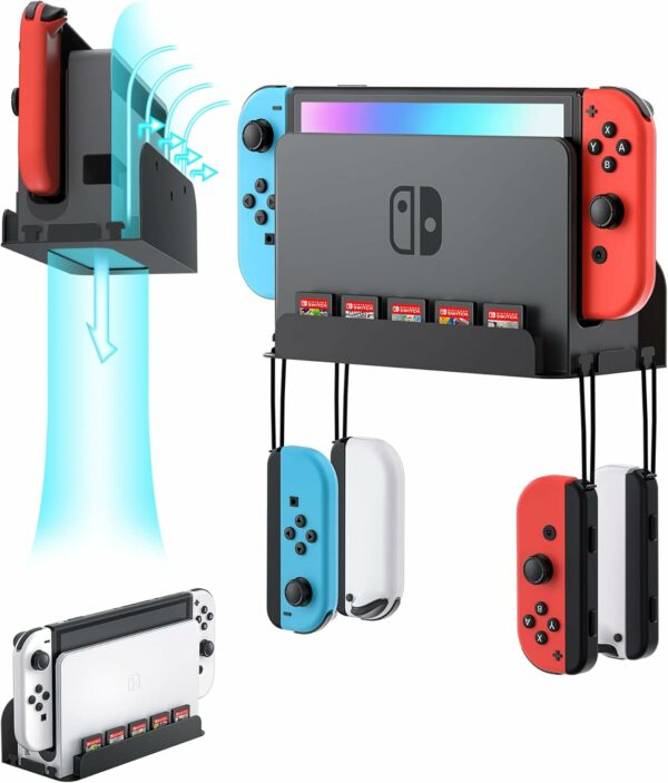 Wall Mount for Nintendo Switch and Switch OLED, Metal Wall Mount Kit Shelf Accessories with 5 Game Card Holders and 4 Joy Con Brackets, Safely Store Switch Console Near or Behind TV, Black - For Sale - Price