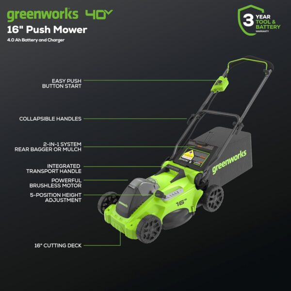 Greenworks 40V 16" Brushless Cordless (Push) Lawn Mower (75+ Compatible Tools), 4.0Ah Battery and Charger Included - For Sale - Price - Image 2