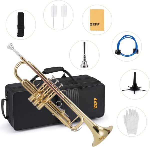 ZEFF Bb Standard Trumpet for Beginners,Trumpet for Student with Hard Case,7C Mouthpiece,Cleaning Cloth,Gloves,Brass Musical Instruments for Kids and Adults - For Sale - Price - Image 6