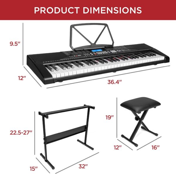 Best Choice Products 61-Key Beginners Complete Electronic Keyboard Piano Set w/Lighted Keys, LCD Screen, Headphones, Stand, Bench, Teaching Modes, Note Stickers, Built-In Speakers - Black - For Sale - Price - Image 7