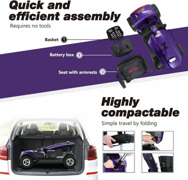 Mobility Scooters for Seniors & Adults 400lbs Capacity，4 Wheel Electric Power Mobile Wheelchair with Lights Collapsible and Compact Duty Travel Scooter w/Basket Extended Battery (Purple) - For Sale - Price - Image 5