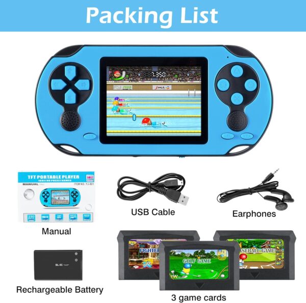 16 Bit Handheld Game for Kids Adults, 3.0'' Large Screen Preloaded 230 HD Classic Retro Video Games with USB Rechargeable Battery & 3 Game Cartridges for Birthday Gift for Kids 4-12 (Blue) - For Sale - Price - Image 7