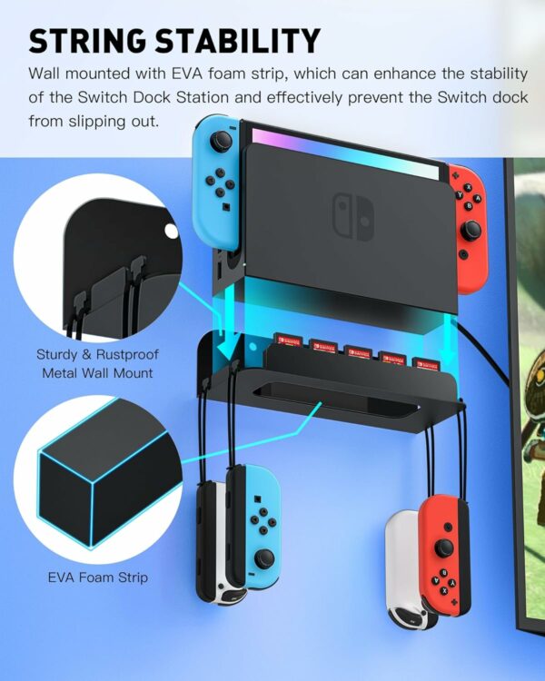 Wall Mount for Nintendo Switch and Switch OLED, Metal Wall Mount Kit Shelf Accessories with 5 Game Card Holders and 4 Joy Con Brackets, Safely Store Switch Console Near or Behind TV, Black - For Sale - Price - Image 3