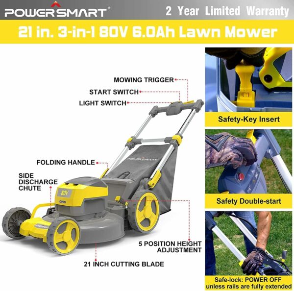 Walk-Behind Lawn Mowers 21 Inch Grass Cutter 3 in 1 Cordless Electric Lawn Mower with 5 Position Mowing Heights Adjustment with 6.0Ah Battery and Charger Less Noise Outdoor Power Push Lawnmower Tools - For Sale - Price - Image 3