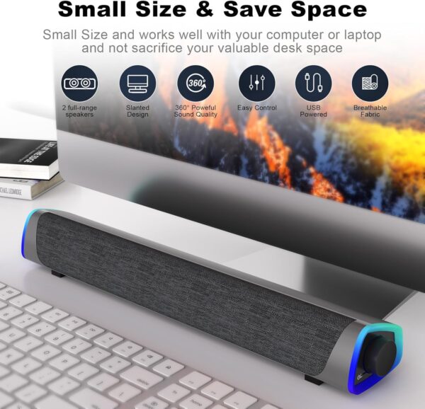 SOULION R30 Computer Speakers, Colorful LED Lights with Switch Button, Surround Sound Portable Computer Sound Bar Speakers for Desktop, Gray - For Sale - Price - Image 7