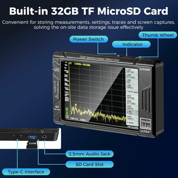 AURSINC 2025 Latest HW V0.5.4 Tinysa Ultra+ ZS407 Spectrum Analyzer, 4.0 Inch 100kHz-7.3GHz Handheld Frequency Analyzer, 2-in-1 Signal Generator 100kHz to 900MHz MF/HF/VHF UHF Input, with 32Gb Card For Sale - Price - Image 8