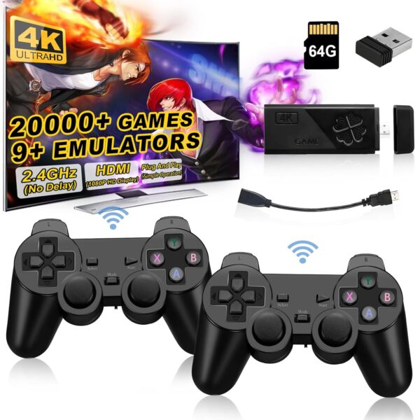 Wireless Retro Game Console Stick, Upgrade Retro Video Gaming Stick Built in 20000+ Games with 9 Emulators,4K HDMI Output with 2 Pack 2.4G Wireless Controllers，Game Emulator Console 2024（64GB） Black - For Sale - Price