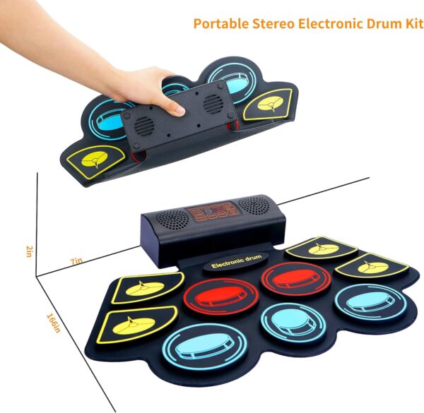 (9 Pads) Electronic Drum Set with Light Up Drumsticks and Stand, Electronic Drum Pad with 5 Different Drum Kit, 10 Unique Rhythms, Bulit-in Double Speakers, Roll Up Drum Kit, Kids Drum Set - For Sale - Price - Image 4