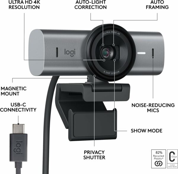 Logitech MX Brio Ultra HD 4K Collaboration and Streaming Webcam, 1080p at 60 FPS, Dual Noise Reducing Mics, Show Mode, USB-C, Webcam Cover, Works with Microsoft Teams, Zoom, Google Meet - Graphite - For Sale - Price - Image 6