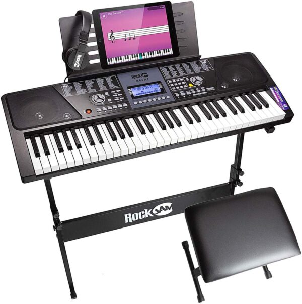 RockJam 61 Key Keyboard Piano With LCD Display Kit, Stand, Bench, Headphones, Simply App & Keynote Stickers - For Sale - Price