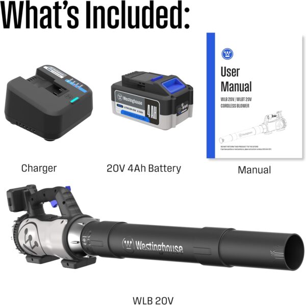 Westinghouse Cordless 20V Leaf Blower with 4Ah Battery and Charger, 350 CFM and 110 MPH Max Airspeed, 2 hr. Charge Time with Variable Speeds - Image 2