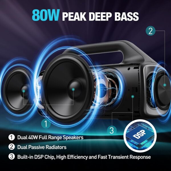 Portable Bluetooth Speakers, 80W Peak Wireless Outdoor Speaker with Subwoofer, Deep Bass, IP67 Waterproof, 100dB Loud Party Speakers for Camping, Beach, Garage - For Sale - Price - Image 2