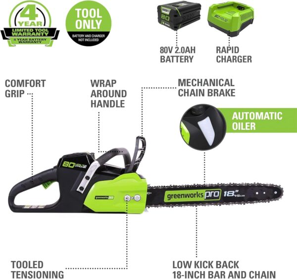 Greenworks 80V 18" Brushless Cordless Chainsaw (Great For Tree Felling, Limbing, Pruning, and Firewood) / 75+ Compatible Tools), 2.0Ah Battery and Rapid Charger Included - For Sale - Price - Image 2