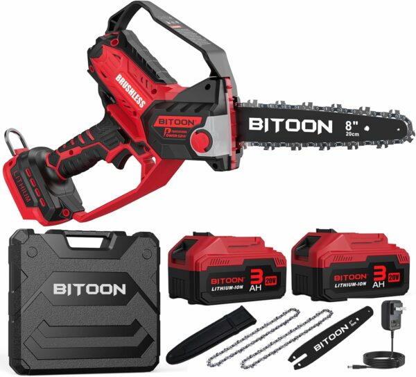 BITOON 8-Inch Mini Chainsaw with 2PCS 3.0Ah Battery and Charger, Auto-Oiler, Brushless Cordless 8-Inch and 6-Inch 2-in-1 Pruning Chain Saw, Portable Electric Chainsaw for Cutting Wood, Branches Red - For Sale - Price