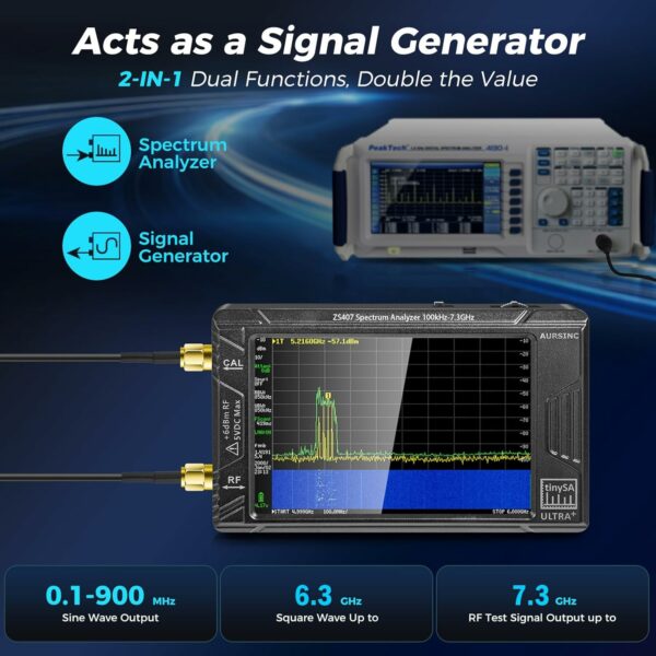 AURSINC 2025 Latest HW V0.5.4 Tinysa Ultra+ ZS407 Spectrum Analyzer, 4.0 Inch 100kHz-7.3GHz Handheld Frequency Analyzer, 2-in-1 Signal Generator 100kHz to 900MHz MF/HF/VHF UHF Input, with 32Gb Card For Sale - Price - Image 3