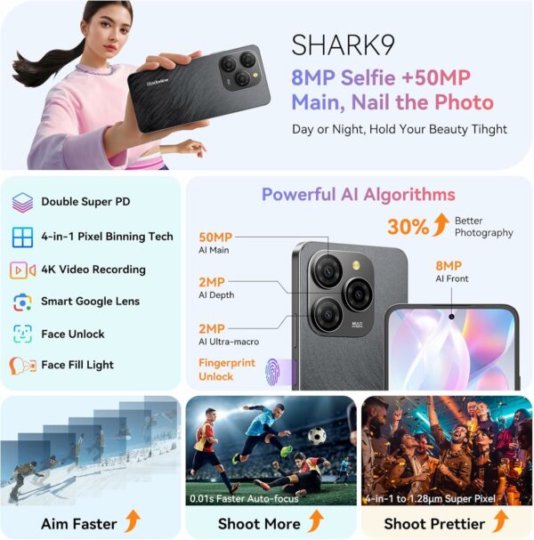 Blackview Shark 9 5G Phones Unlocked, Octa-Core 24GB+256GB/SD 2TB Mobile Phone, Android 14 Smartphones, 50MP Camera Android Cell Phone, 90Hz 6.67" FHD+, 5000mAh+18W Fast Charge, NFC, Fingerprint - For Sale - Price - Image 4