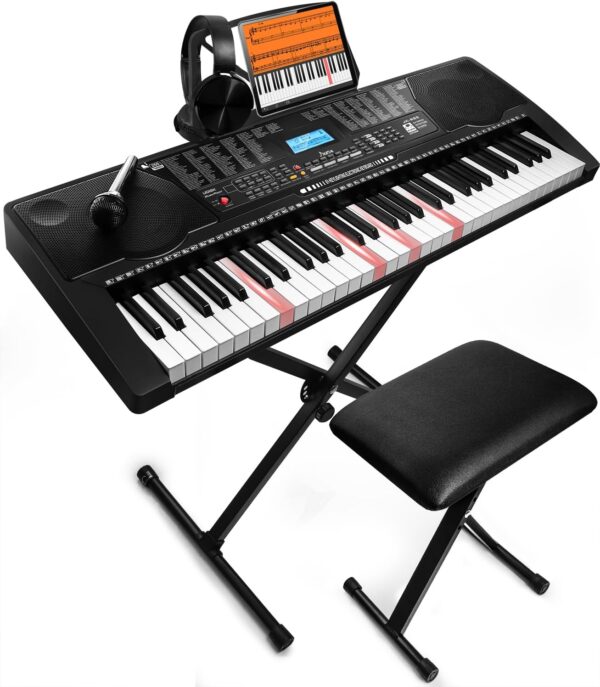 61 Key Portable Electronic Keyboard Piano w/Lighted Full Size Keys, LCD, Headphones, X-Stand, Stool, Music Rest, Microphone, Note Stickers, Built-In Speakers,3 Teaching Modes - For Sale - Price