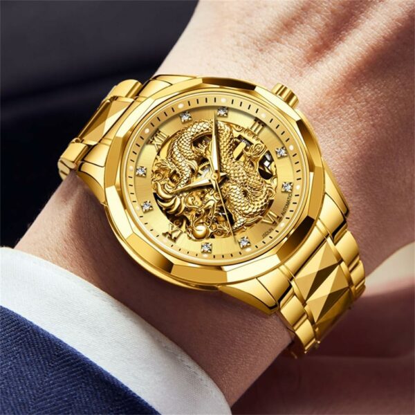 OLEVS Watches for Men Gold Automatic Watches Mens Dragon Skeleton Mechanical Luxury Watch Business Dress with Tungsten Steel Luminous 160FT Waterproof Diamond Fashion Wrist Watch Gold - For Sale - Price - Image 3