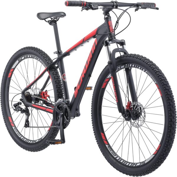 Schwinn Bonafide Men and Women Mountain Bike, Front Suspension, 24-Speed, 29-Inch Wheels, 17-Inch Aluminum Frame, Matte Black/Red