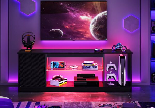 Bestier Led Entertainment Center for PS5, Gaming TV Stand with Cabinet for 60/65 Inch TV, Modern TV Console with Adjustable Glass Shelf for Living Room Easy Assembly Carbon Fiber Black - For Sale - Price - Image 4