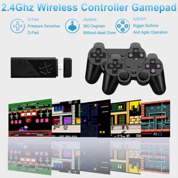 Wireless Retro Game Console Stick, Upgrade Retro Video Gaming Stick Built in 20000+ Games with 9 Emulators,4K HDMI Output with 2 Pack 2.4G Wireless Controllers，Game Emulator Console 2024（64GB） Black - For Sale - Price - Image 3