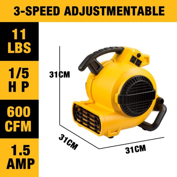 DEWALT Portable Air Mover, ‎276W 3 Speed Floor Fan, Utility Blower Fan, 1/5 HP 600 CFM Floor Dryer, Carpet Dryer, Floor Fan, Blower, for Janitorial, Home, Commercial Use, DXAM-2260 - Image 2