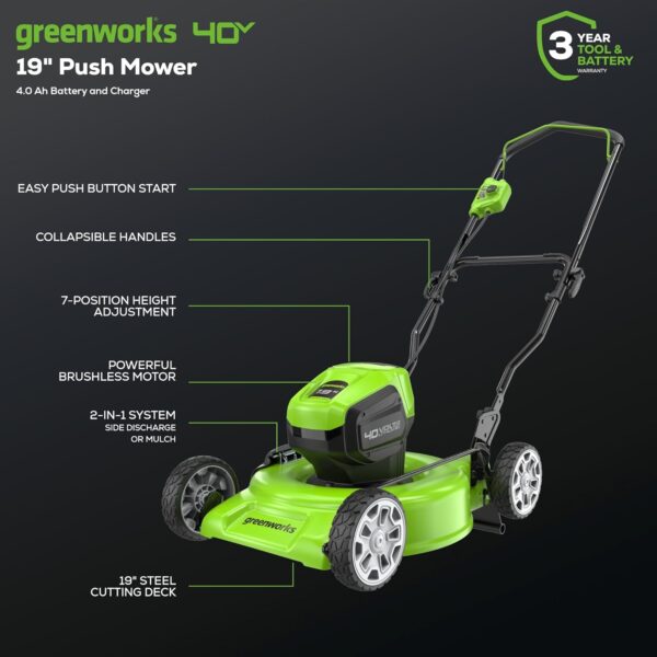 Greenworks 40V 19" Brushless (Push) Cordless Lawn Mower, 4.0Ah Battery and Charger - For Sale - Price - Image 2